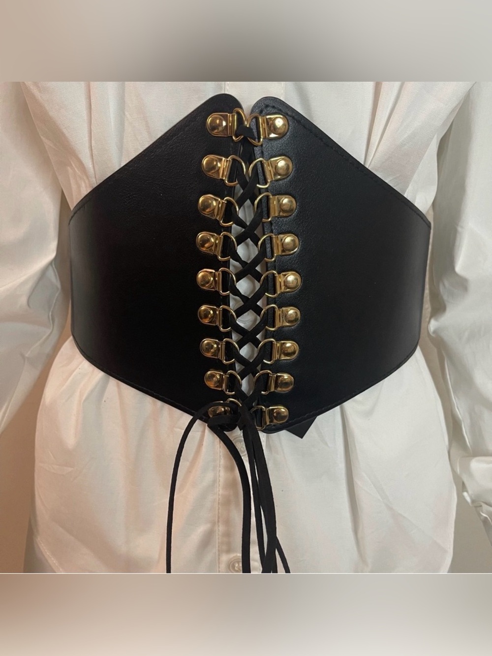Black PU leather lace up  elastic waistband corset belt